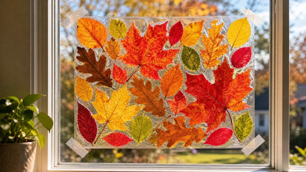 A contact-paper suncatcher filled with colorful autumn leaves taped to a sunny window.