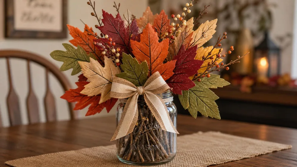 A mason jar filled with painted leaves and twigs tied with a ribbon as a centerpiece.