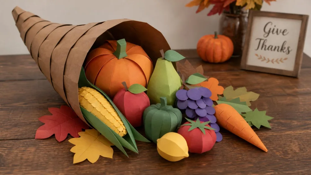 A rolled brown paper cornucopia spilling paper fruit and vegetables onto a table.