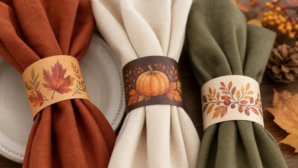 Decorated fall-colored paper napkin rings wrapped around folded napkins.