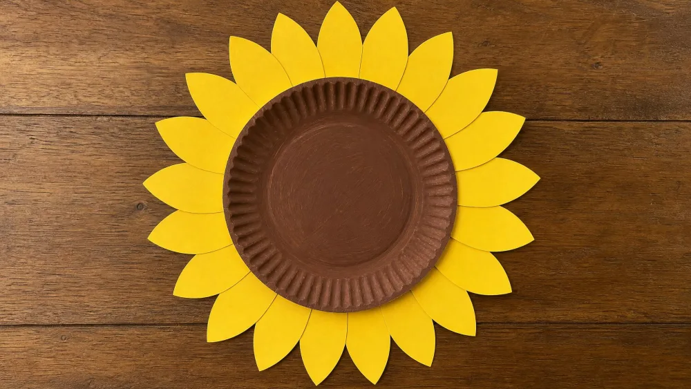 A paper plate sunflower with a brown center and yellow construction-paper petals.