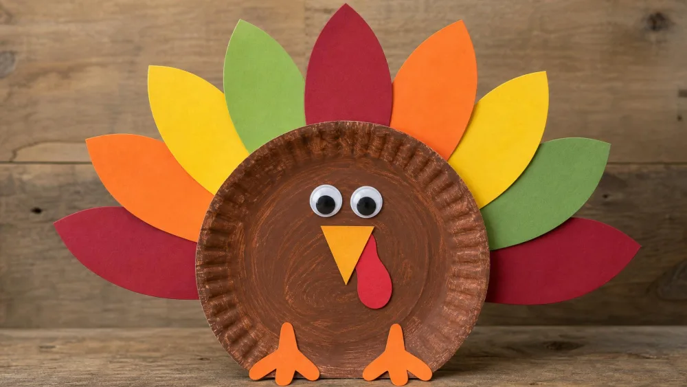 A painted paper plate turkey with fanned construction-paper feathers and a googly-eyed face.