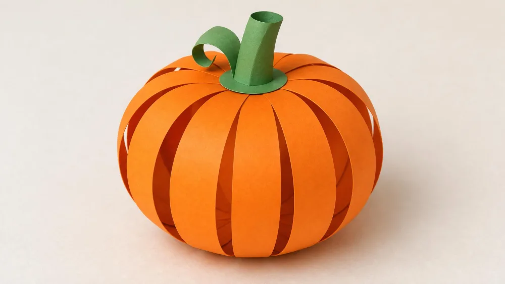 A round pumpkin made from curved orange paper strips with a green paper stem.
