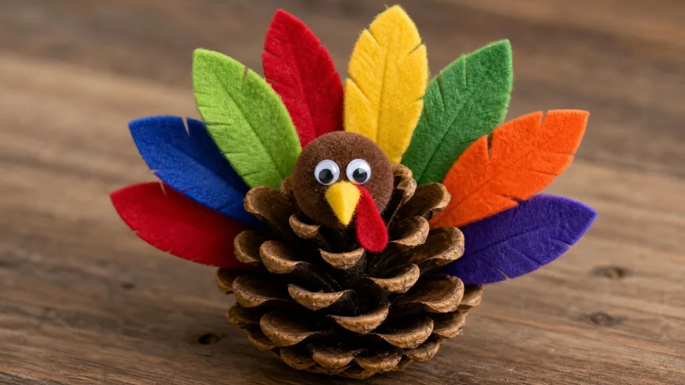 A pine cone with colorful felt feathers tucked between its scales and a small pom-pom turkey head.