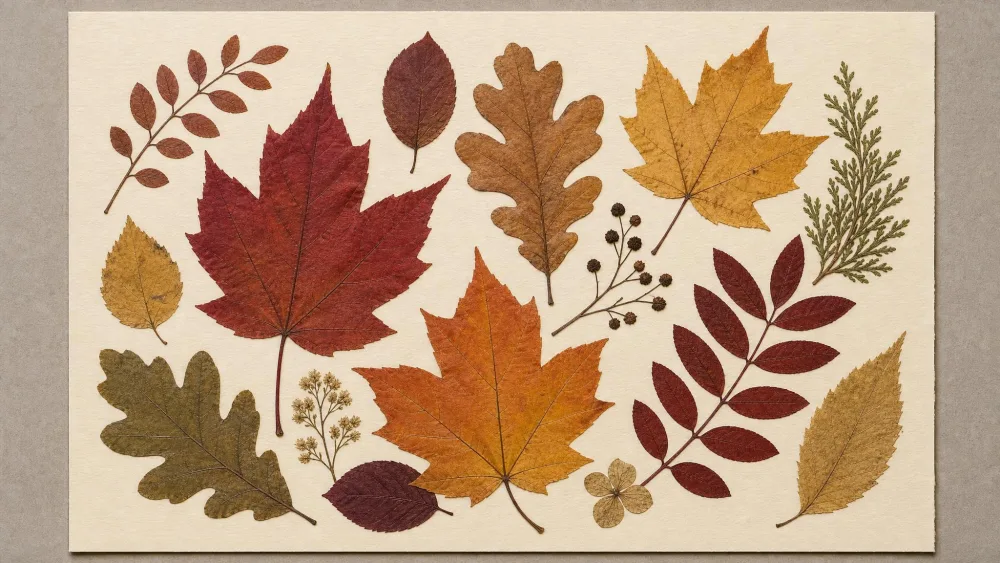 A collage of pressed autumn leaves glued onto cardstock, ready for framing.