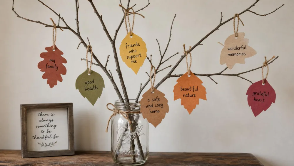 A bare branch in a mason jar with hanging paper leaf tags labeled with thankful messages.