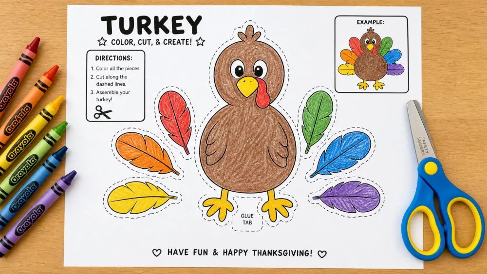 A printed turkey coloring and cut-out craft template with crayons and safety scissors.