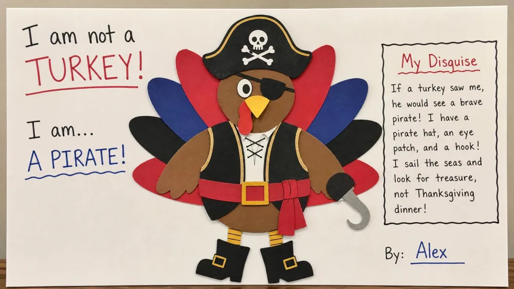 A paper turkey cutout decorated in a costume disguise on a poster board school project.