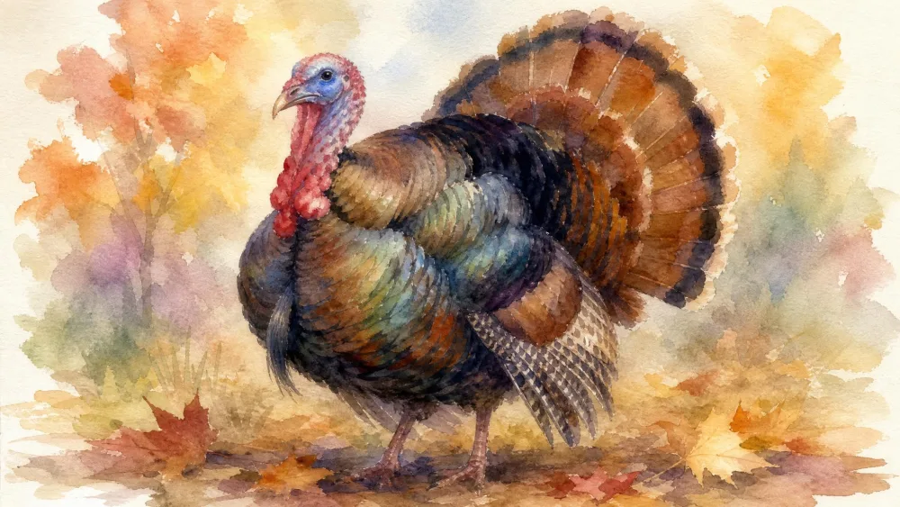 A soft watercolor turkey painted in blended fall colors on wet paper.