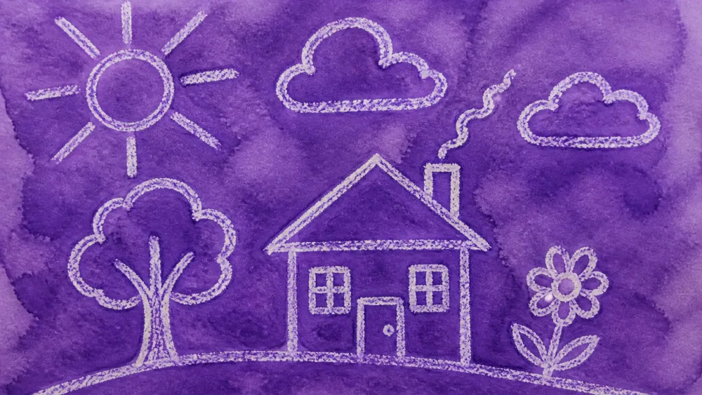 A white crayon drawing hidden under a wash of purple watercolor paint, the resisted crayon lines showing through as the paint pools around them.