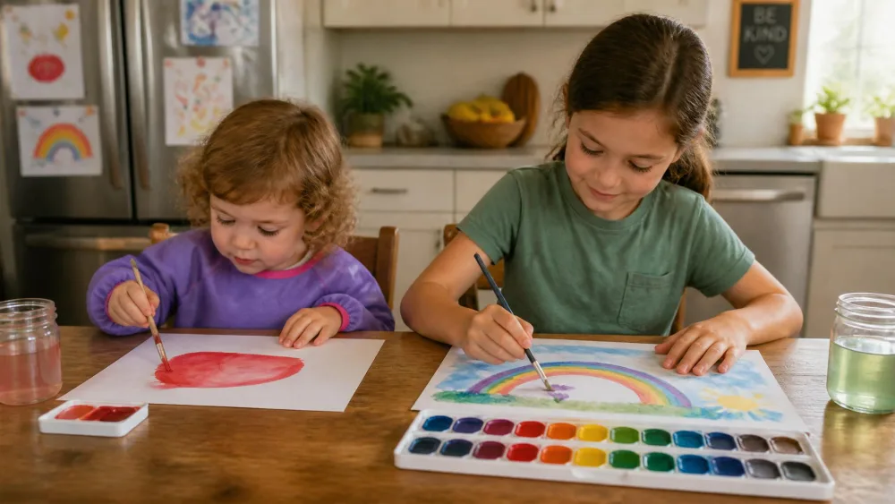 A preschooler and an older sibling painting side by side at a kitchen table, the younger child working with a single color cake and the older one using a full watercolor tray.