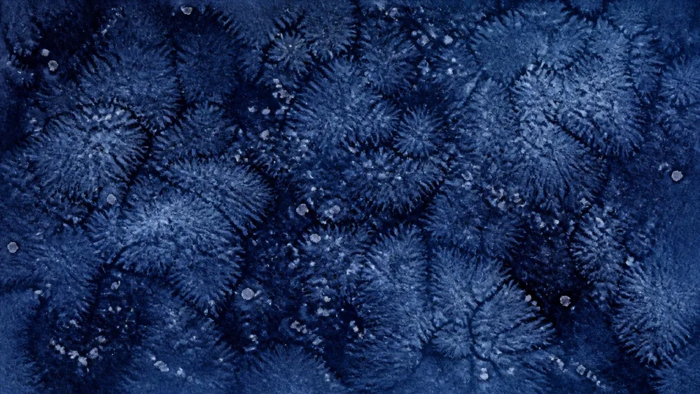 A dark blue watercolor wash sprinkled with table salt, the mottled, starry texture forming as the paint dries around each salt crystal.