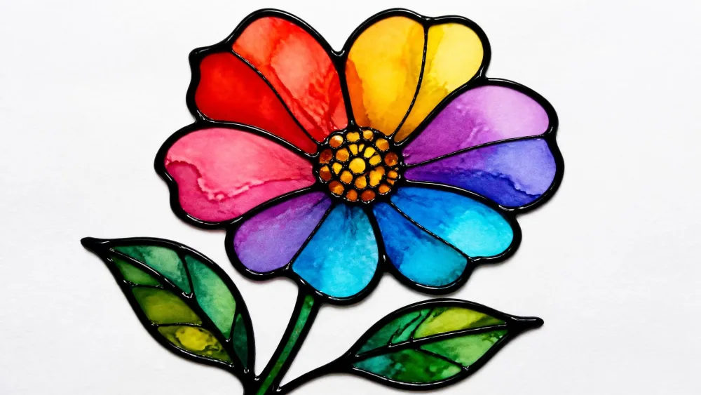 Black-glue flower outline filled with bright stained-glass watercolor.