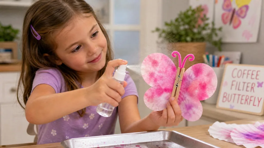Child spritzing a blended pink coffee-filter butterfly with a clothespin body.