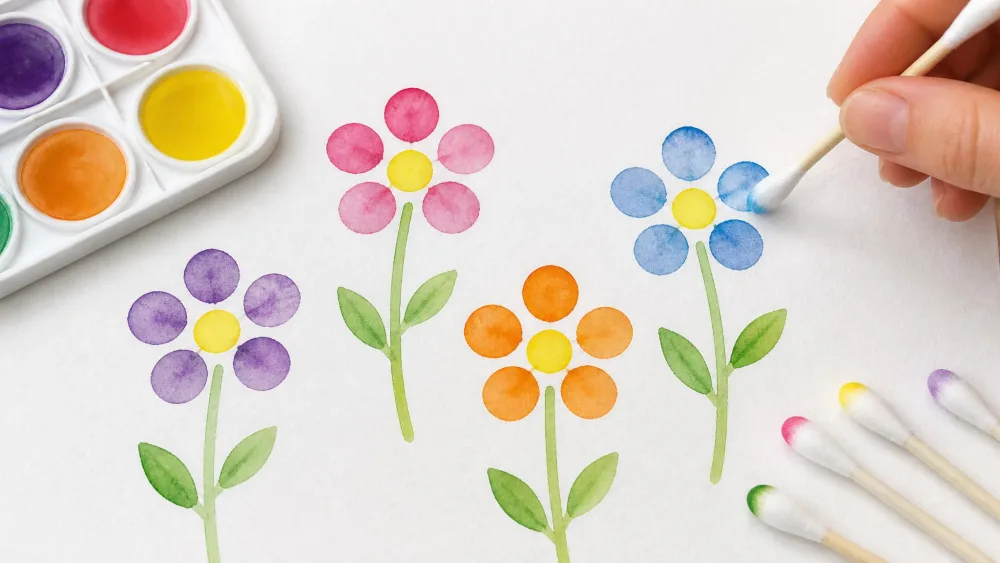 Cotton swabs dabbing colorful watercolor dots into simple flowers.