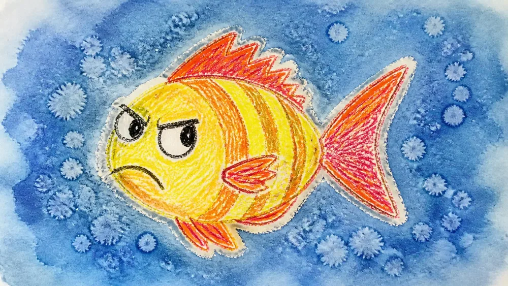 Crayon fish resisting a blue watercolor wash with salt bubbles.