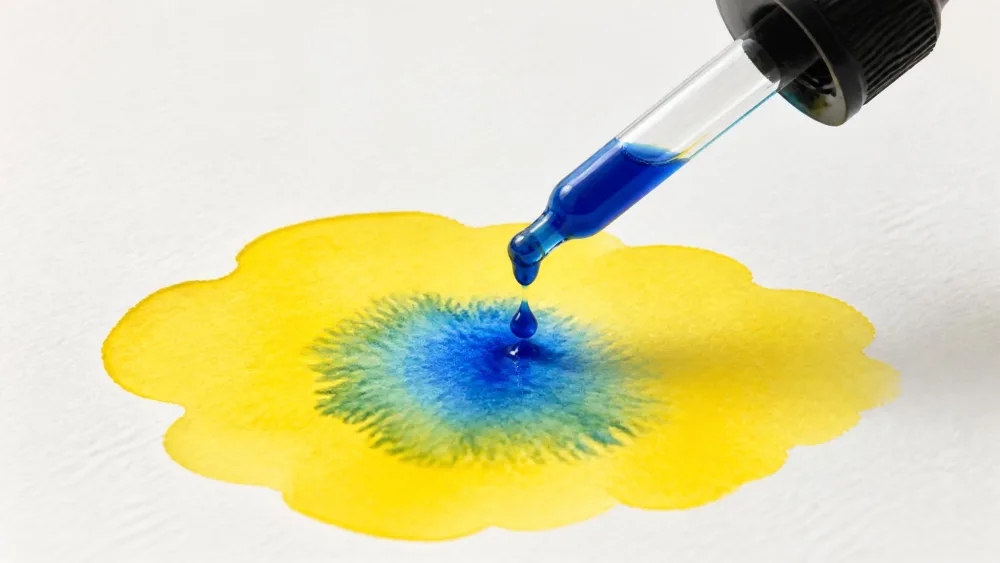 Eyedropper squeezing blue liquid watercolor onto a yellow puddle.