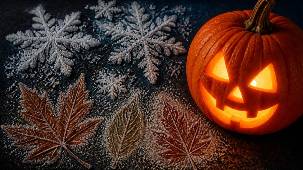 Salt-textured snowflakes, leaf prints, and a glowing jack-o-lantern.