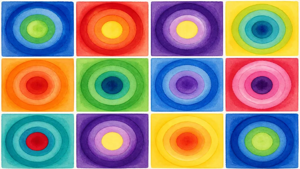 Grid of concentric watercolor rings in contrasting colors.