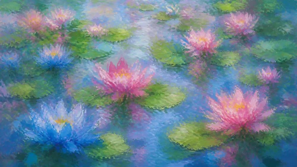 Dabbed green, pink, and blue strokes forming blurred water lilies.
