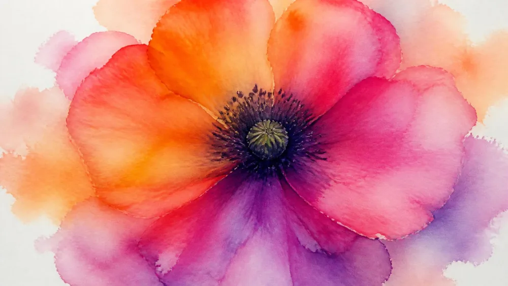 One oversized flower painted wet-on-wet, colors blending outward.