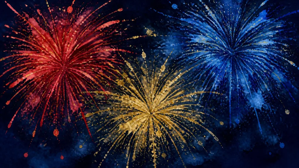 Splattered red, gold, and blue watercolor fireworks on navy.