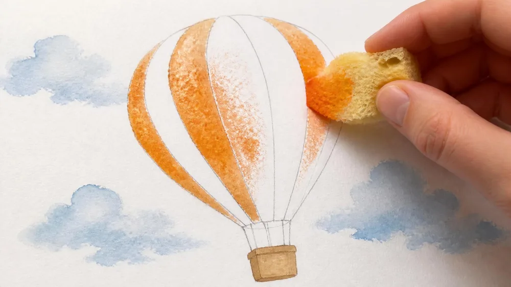 Torn sponge dabbing orange watercolor into a hot air balloon.