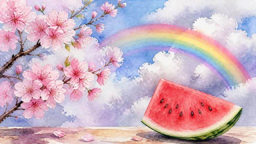 Watercolor cherry blossoms, a cloudy rainbow, and a watermelon slice.