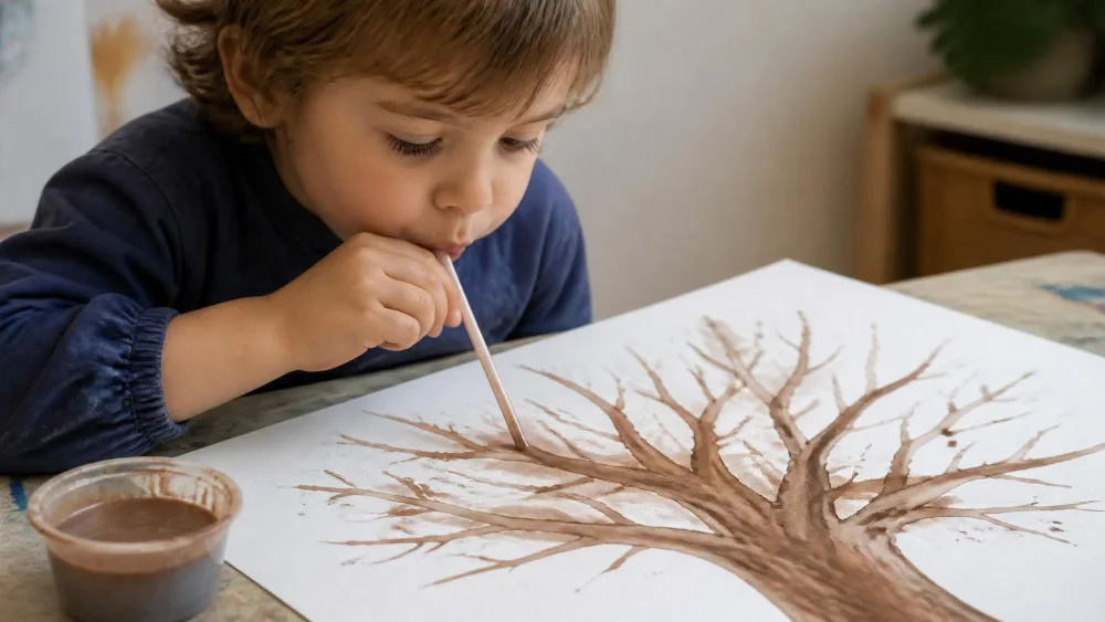 Child blowing brown watercolor through a straw into tree branches.