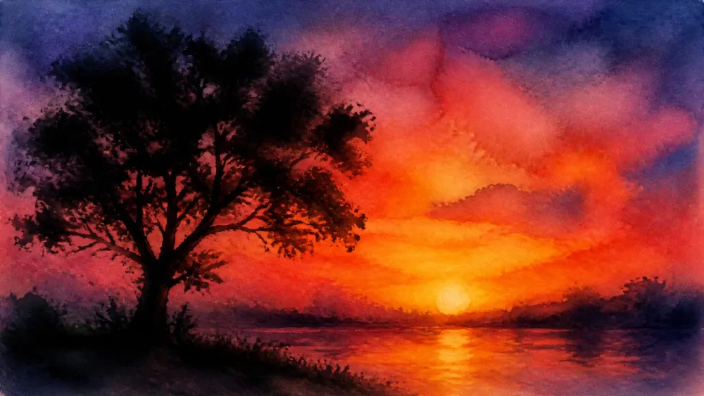 Blurred wet-on-wet sunset with a black tree silhouette.