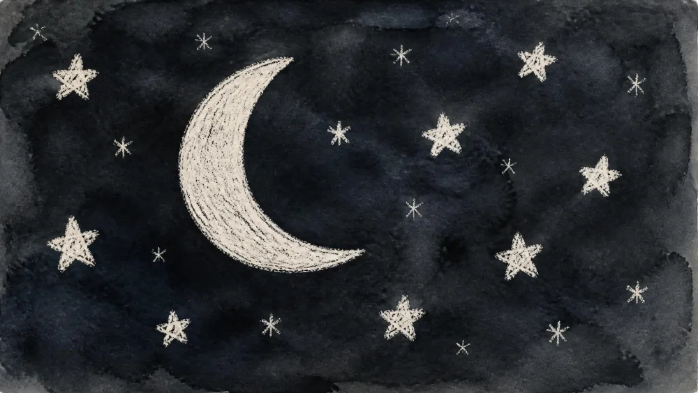 Dark wash revealing a white crayon-resist moon and stars.