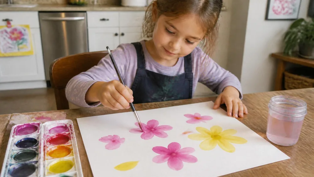 A child painting loose watercolor flower petals in pink and yellow on white paper at a kitchen table, with a small paint palette and water cup nearby.