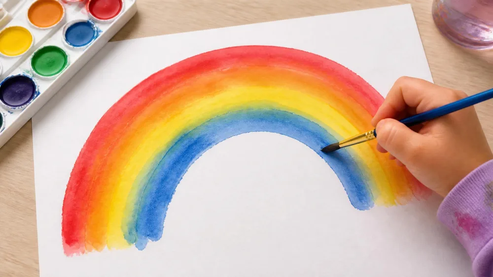 A child's hand painting a blended watercolor rainbow arc in red, orange, yellow, and blue on white paper.