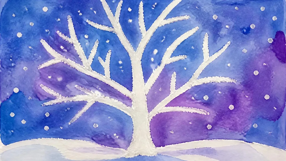 A child's watercolor painting of a snowy winter tree made with the black glue resist method, showing crisp white branches against a blue and purple wash.