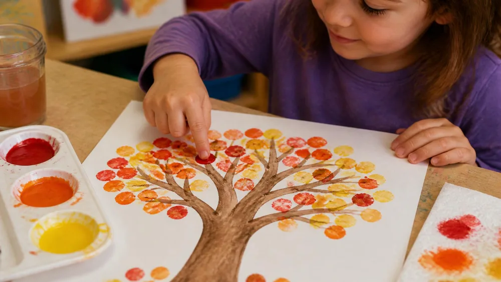 A child dabbing red, orange, and yellow watercolor leaves with a fingertip onto painted brown branches, building an autumn canopy.