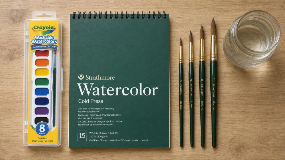 A flat-lay of an 8-color Crayola washable watercolor pan set, a cold-press pad, four round brushes, and a water jar on a table.