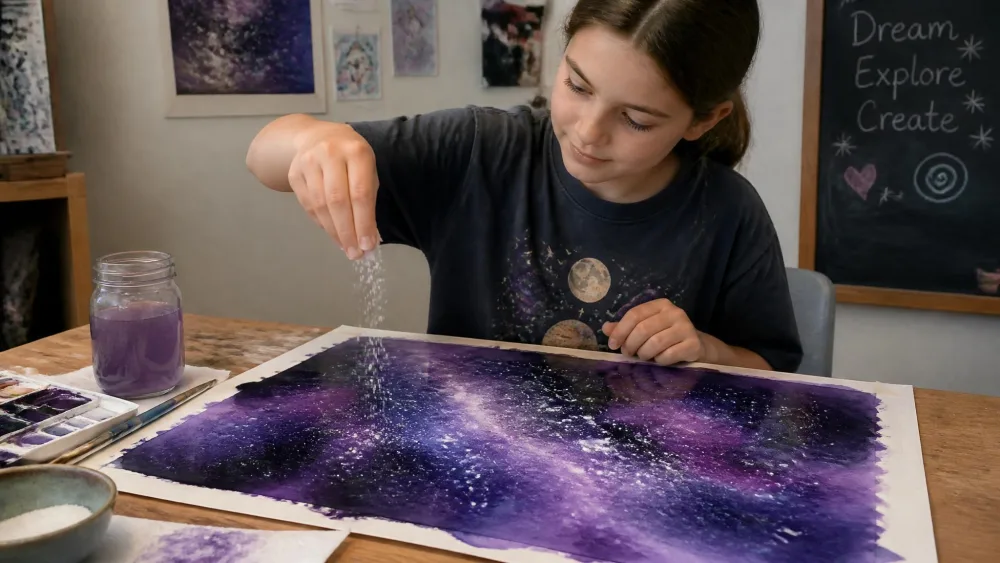 An older child sprinkling salt over a wet, deep-purple galaxy watercolor painting with white paint splatters across the dark sky.