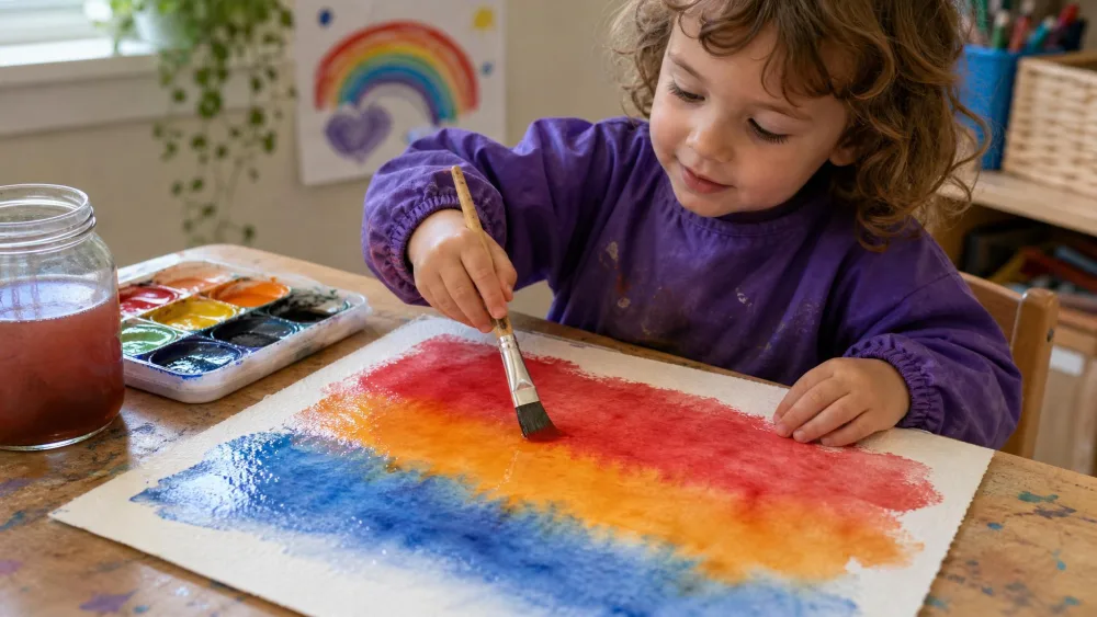 A preschooler brushing bands of red, orange, and blue watercolor across a wet sheet of cold-press paper, the colors bleeding together.