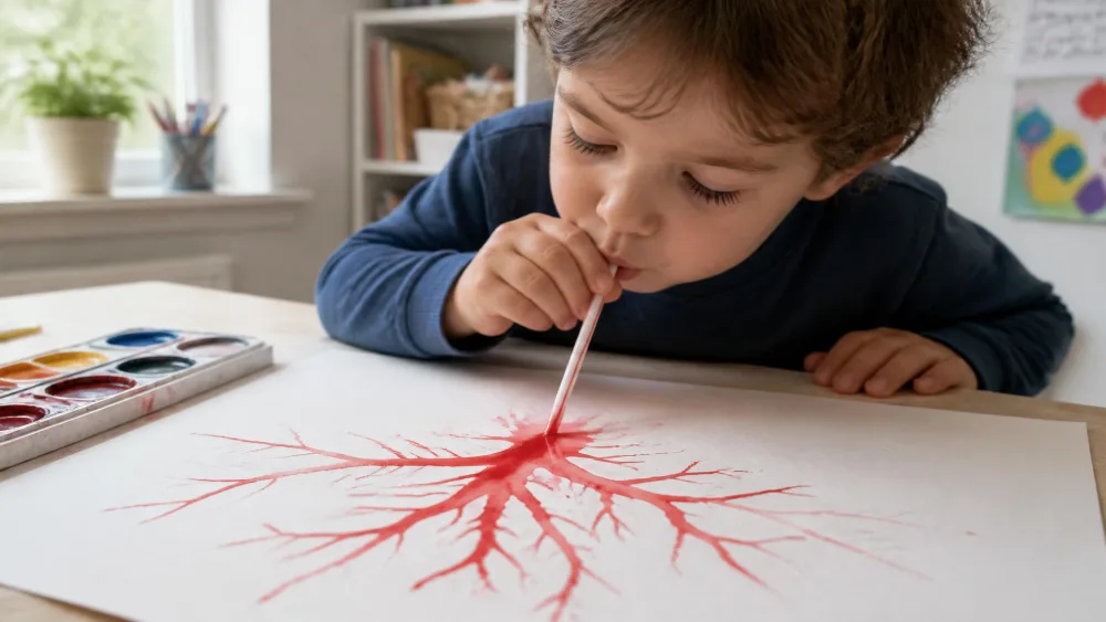 A child blowing through a straw to push red watercolor into branching, tree-like shapes.