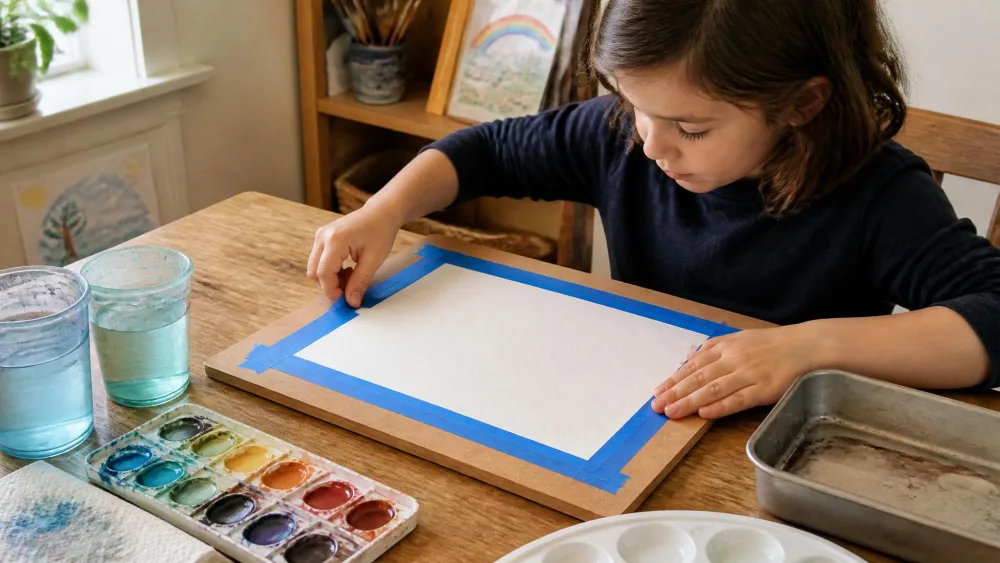 A child taping watercolor paper to a wooden board with blue painter's tape, water cups and a pan set nearby.