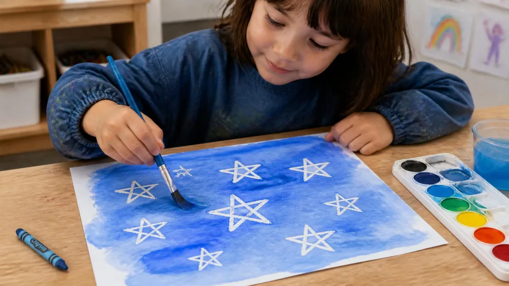 A child painting a blue wash over white crayon stars that resist the paint and show through.