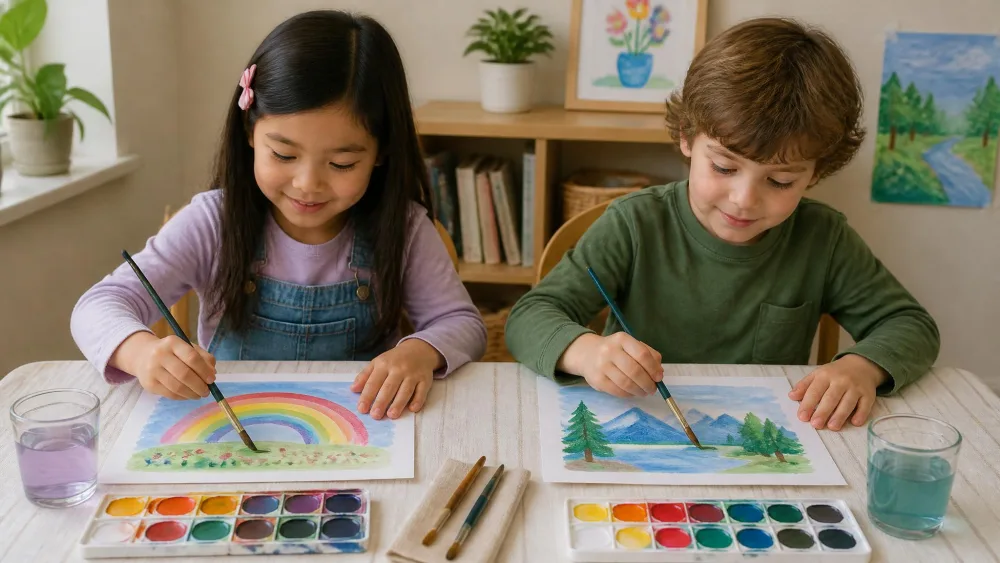 Two children painting watercolors side by side at a cloth-covered table, each with paper, brushes, and water cups.