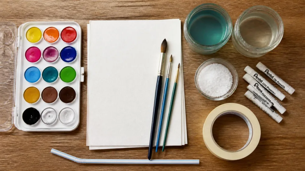 A kitchen-table flat-lay of kids' watercolor supplies: pan paints, paper, brushes, two water cups, salt, white oil pastels, tape, and a straw.