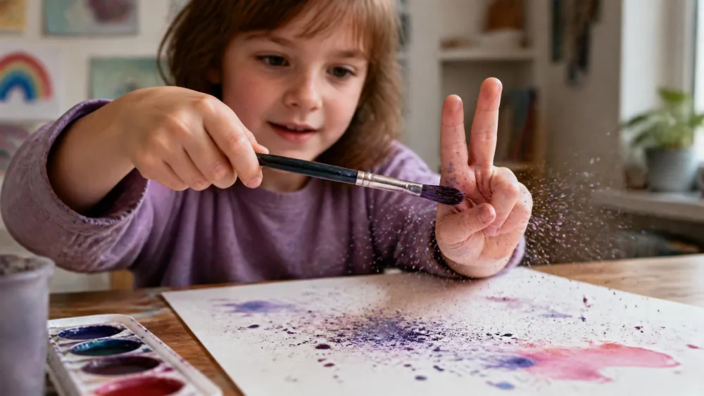 A child tapping a loaded brush across two fingers, flinging watercolor speckles across paper.
