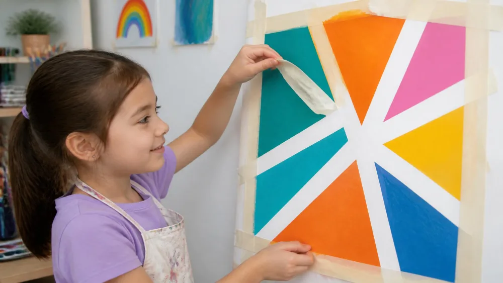 A child peeling tape off a dried painting to reveal crisp white shapes against bright color.