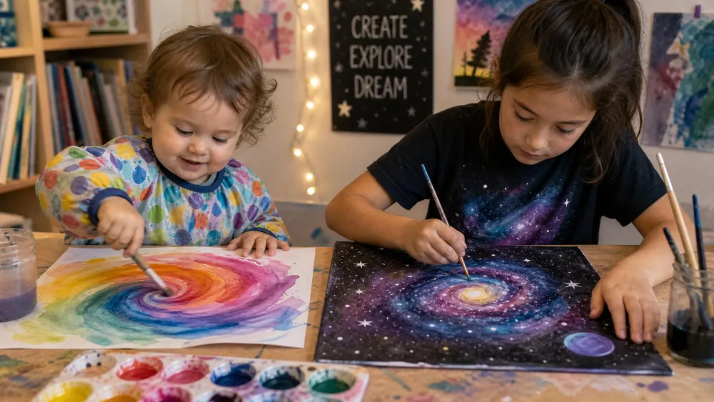 A toddler swirling colors on wet paper beside an older child painting a detailed galaxy scene.