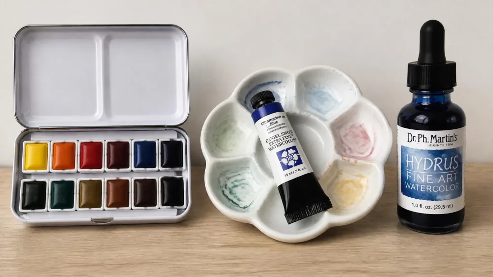 A pan paint set, a tube on a palette, and a dropper bottle of liquid watercolor side by side.