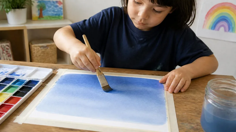 A child laying a smooth blue watercolor wash across dry paper with a flat brush.