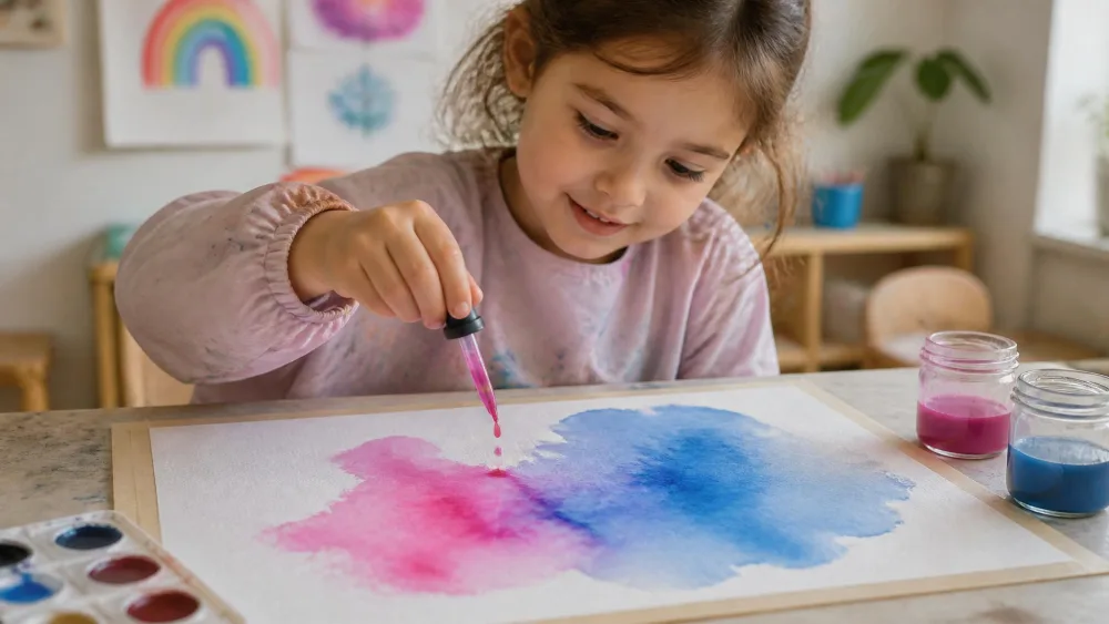 A child dropping pink and blue watercolor onto wet paper, the colors blooming softly together.