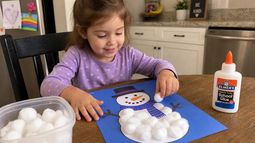 A young child gluing white cotton balls onto a snowman outline on blue construction paper at a kitchen table, with a scarf and hat drawn in marker.